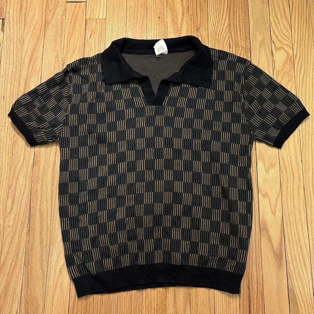 Dandy Del Mar The Sebastian Knit Polo Black Gold Checkered Made in Italy Mens L